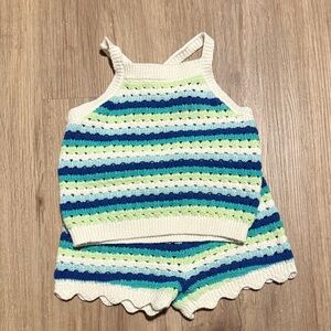 Striped Crochet Tank & Short Set in Cream, Blue & Green